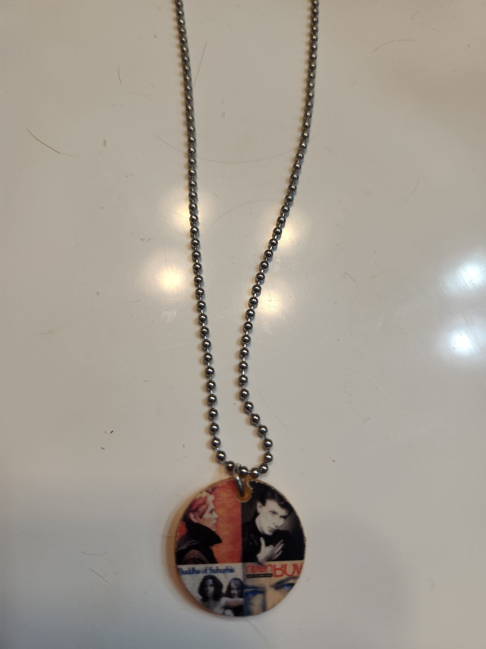 Round Bowie Music Collage Pendant Necklace in Silver Tone